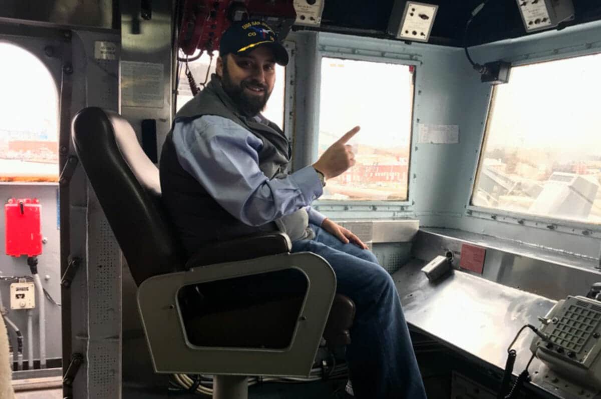 Jason Swango in the CO's chair on the USS San Jacinto
